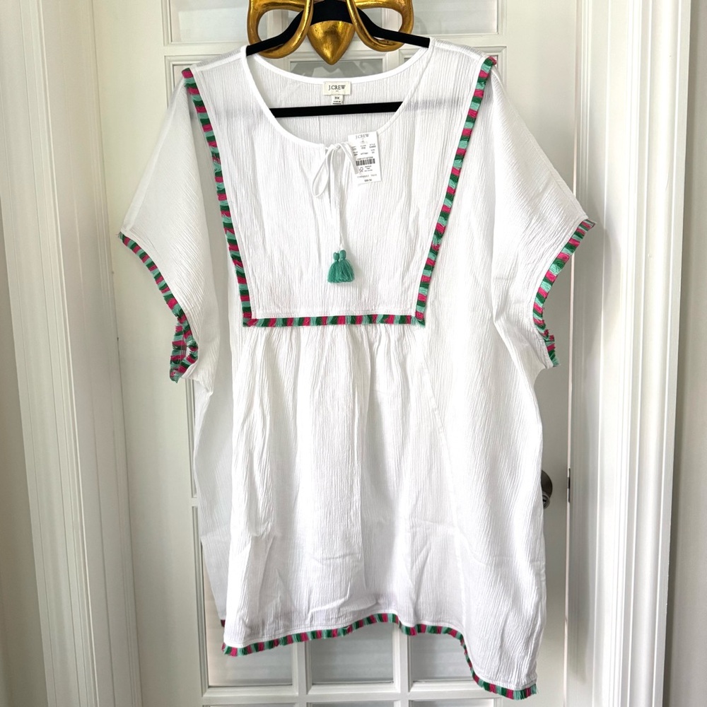 J. Crew White Tunic coverup with Green and Pink fringe detail Sz 3X